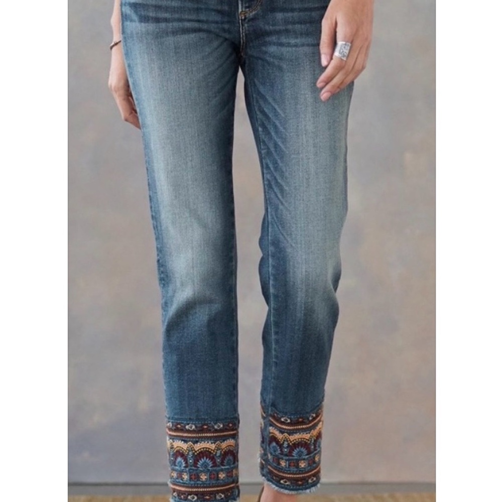 Anthropologie Blue Embroidered-Cuff Ankle Jeans
